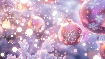 Pink Christmas Ornaments with Snowflake Designs Hanging on Frosted Tree Branches in Soft Light