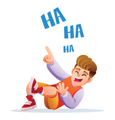 Little boy is rolling on the floor with laughter, pointing, and holding his stomach. Humorous and joyful moment. Vector cartoon illustration