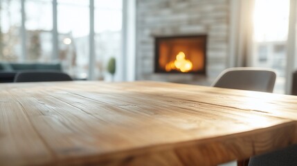 Wooden table, fireplace, modern living room, cozy home, interior design