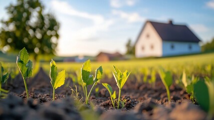 Young plants grow in rural field, house background; spring agriculture