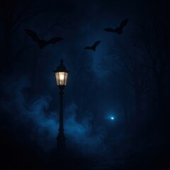 Fototapeta premium Spooky graveyard with crumbling headstones bare trees and gothic chapel under full moon as eerie fog rolls while a silhouette rises creating a dramatic Halloween banner scene