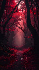 Atmospheric photo of a dark red forest, eerie lighting, and creepy surreal ambiance, evoking fantasy or horror vibes in a moody autumn landscape.