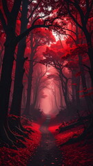 Atmospheric photo of a dark red forest, eerie lighting, and creepy surreal ambiance, evoking fantasy or horror vibes in a moody autumn landscape.