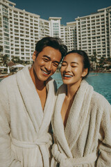 Asian couple in white bathrobes over swimwear standing by a luxury hotel poolside, romantic and stylish lifestyle travel scene with modern high-rise hotel background.