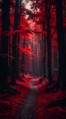 Atmospheric photo of a dark red forest, eerie lighting, and creepy surreal ambiance, evoking fantasy or horror vibes in a moody autumn landscape.
