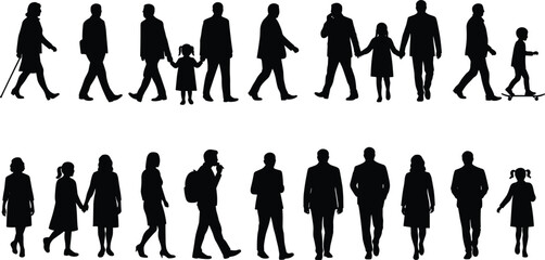 Silhouettes of people walking, standing, holding hands, family, children, adults, urban lifestyle, everyday activities, crowd, community, social interaction