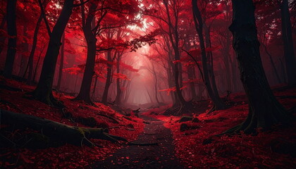 Atmospheric photo of a dark red forest, eerie lighting, and creepy surreal ambiance, evoking fantasy or horror vibes in a moody autumn landscape.