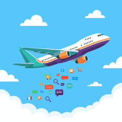 Fototapeta premium Airplane Flying Through Blue Sky with Clouds and Digital Icons