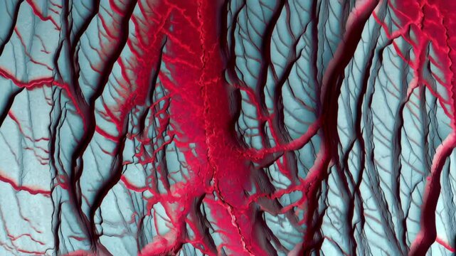 Natural pattern science abstract aerial landscape with vivid red blue textures, intricate vein like structures, organic forms, striking visual texture