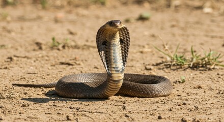 Fototapeta premium Venomous cobra with hood raised, symbol of danger and power, perfect for wildlife, reptile, and exotic animal photography themes.