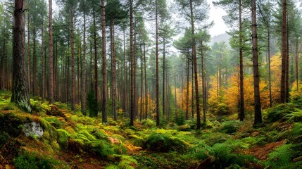 Lush forest scene showcasing tall evergreen trees with vibrant green foliage, ferns, and moss covering the forest floor, creating a serene and natural environment with a tranquil atmosphere 