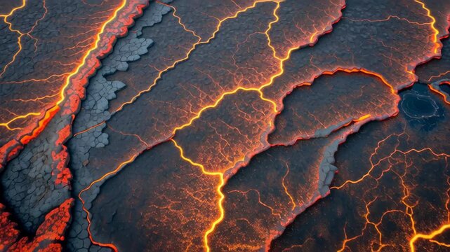 Natural patterns science beautifully displayed as glowing lava cracks spread across volcanic surface, revealing vibrant, dramatic, glowing patterns