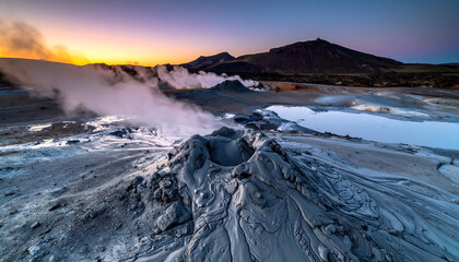 Bubbling mud volcano erupting with steam under a dramatic sunrise sky in a geothermal landscape.