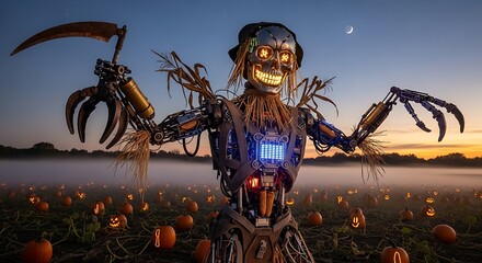 Robotic scarecrow with a scythe stands in a pumpkin patch at dusk with a crescent moon in the sky