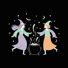 Cute Cartoon Witches Dancing Around Cauldron on Night Sky Background