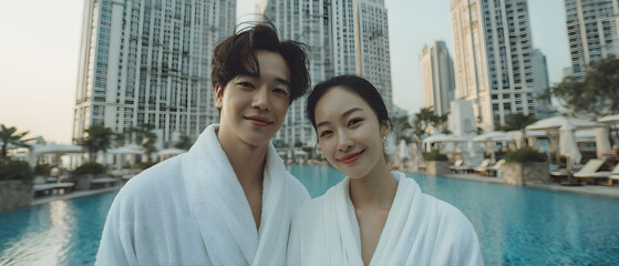 Asian couple in white bathrobes over swimwear standing by a luxury hotel poolside, romantic and stylish lifestyle travel scene with modern high-rise hotel background.