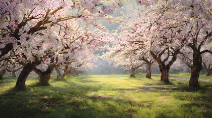Majestic trees, adorned with delicate white and pink blossoms, create a stunning natural archway in a serene garden setting.