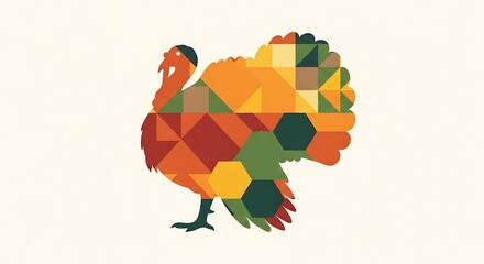 Geometric turkey illustration with triangles hexagons and squares in autumn colors on an off white background