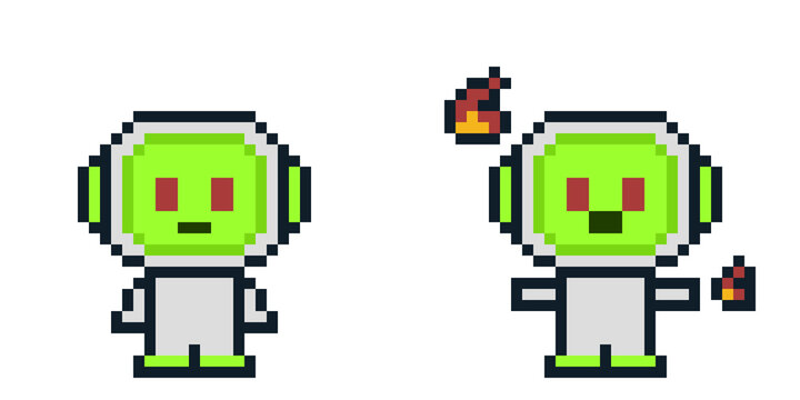 8-bit pixel art neon green broken ai robot attack