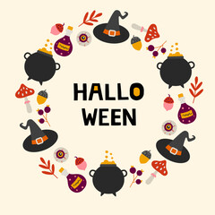 Halloween graphic with witch hats cauldrons mushrooms and acorns