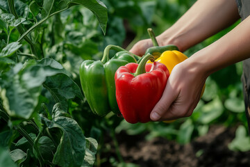 Hand picking bell pepper from lush vegetable garden. Organic farming sustainable healthy lifestyle. 