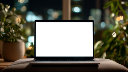 夜の静寂に包まれたシンプルな作業空間とノートパソコンのあるミニマルなデスク風景｜夜景の光が差し込むシンプルインテリアとモダンな空間構成の抽象的イメージ