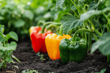 Bell peppers and zucchini in rural vegetable agricultural field. Natural farm grown produce. Organic garden.