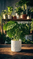 Lush monstera plant in decorative white pot, foreground, with shelf of greenery blurred