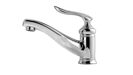 A close-up of a shiny, chrome faucet with an ornate handle, isolated on a black background