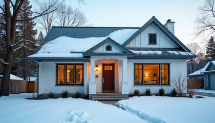 A house with snow on the roof and snow on the ground during the winter season at dusk or dawn time