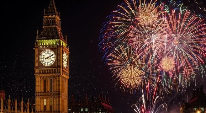 Big ben illuminated at night with colorful fireworks exploding in the dark sky above it