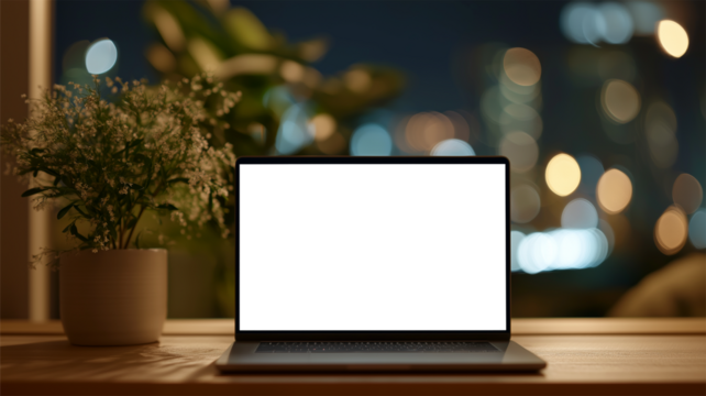 ノートパソコンと静かな夜の光が調和する洗練された作業スペースの情景｜ミニマルな室内構図と都会の夜景が織りなすスタイリッシュなモチーフ