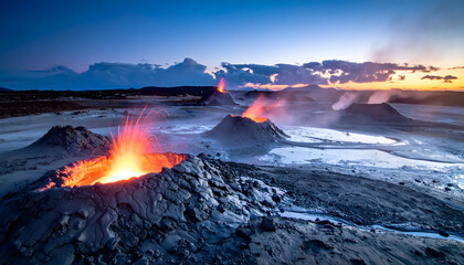Dramatic landscape of geothermal activity featuring erupting mud volcanoes under a twilight sky.