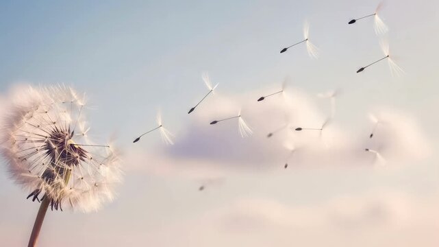 Dandelion clock seeds blowing in the wind against a soft sky background, representing nature in motion for peace footage.