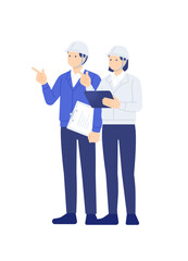 チームワークで現場の安全確認を行う作業員の男女（建設業）のベクターイラスト