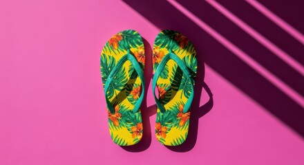 Vibrant tropical flip flops casting a striped shadow on a pink background
