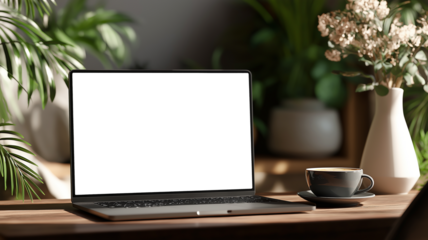 柔らかな自然光と影が演出する、花瓶と観葉植物が彩る静かなデスク空間、ノートパソコンが置かれたナチュラルモダンな室内のワークスペース、シンプルライフを感じる構図