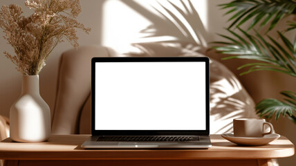 Fototapeta premium 柔らかな自然光と影が演出する、花瓶と観葉植物が彩る静かなデスク空間、ノートパソコンが置かれたナチュラルモダンな室内のワークスペース、シンプルライフを感じる構図