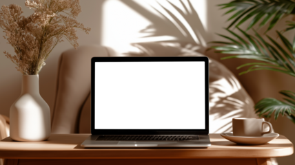 柔らかな自然光と影が演出する、花瓶と観葉植物が彩る静かなデスク空間、ノートパソコンが置かれたナチュラルモダンな室内のワークスペース、シンプルライフを感じる構図