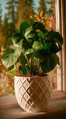 Lush, tropical houseplant in ornate pot on a sunlit windowsill with blurred autumn backdrop