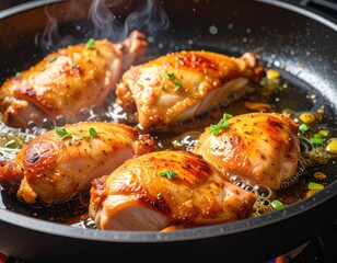 Pieces of chicken being fried in hot pan