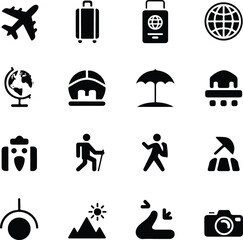 Travel vacation and adventure glyph icon collection.