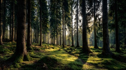 Fototapeta premium Sunlight streams through a forest, illuminating a path through mossy terrain with tall trees and lush greenery.