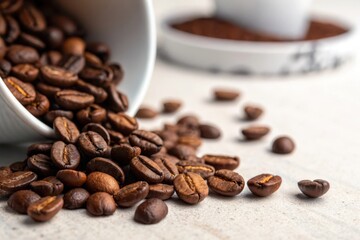 Fototapeta premium Freshly roasted coffee beans spilling from a cup onto a light surface with ground coffee in the background