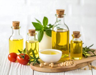 Several small glass bottles and a bowl of oil with herbs and nuts