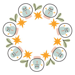 A festive round frame with snow globe and stars. The simple vector design perfect for Christmas and New Year decorations or holiday greetings.