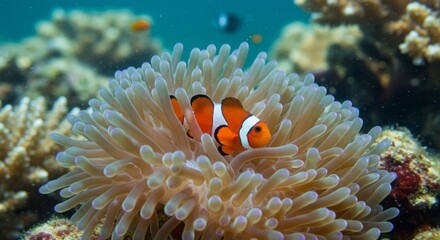 Vibrant clownfish swimming among sea anemones, iconic tropical marine species, symbol of coral reef ecosystem and underwater wildlife beauty.