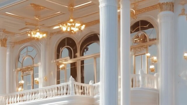 Elegant palace architecture featuring white columns, arches, and gold trim interior design