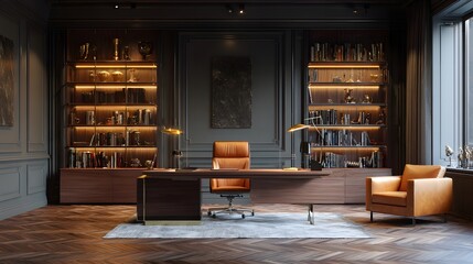 Interior perspective of a sophisticated home office featuring a large desk, leather chair, and illuminated bookshelves, with a cozy armchair and desk lamp, evoking a sense of luxury and relaxation...