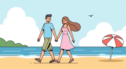 Fototapeta premium Joyful Couple Strolling Hand-in-Hand Along the Sandy Beach, Ideal for illustrating Romantic Getaways, Summer Vacations, and Travel Advertisements.